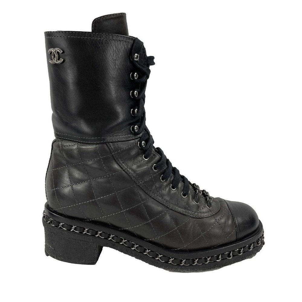 CHANEL - Quilted Leather Chain CC Combat Boots - 37.5 US 7.5